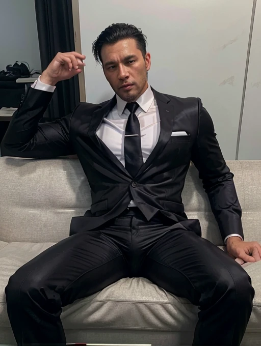 36 years old,daddy,"shiny suit",wear a white long-sleeved shirt and tie.., bodice, very glossy pants, necktie, shiny satin trousers,dark gray satin fabric ,Dad sit down on the sofa,  k hd,in the office,"big muscle" ,black hair,asia face,masculine,strong man,the boss is,handsome,lecherous dad,look straight ahead,dad is handsome,dad is handsome, dad is "horny daddy",asian,sperm,sexy,black pants, masculine hairstyle,masterpiece