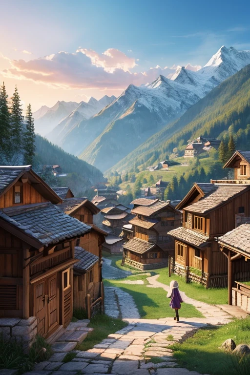 A peaceful mountain village　Number of villagers　The main character is a girl wizard.　An illustration