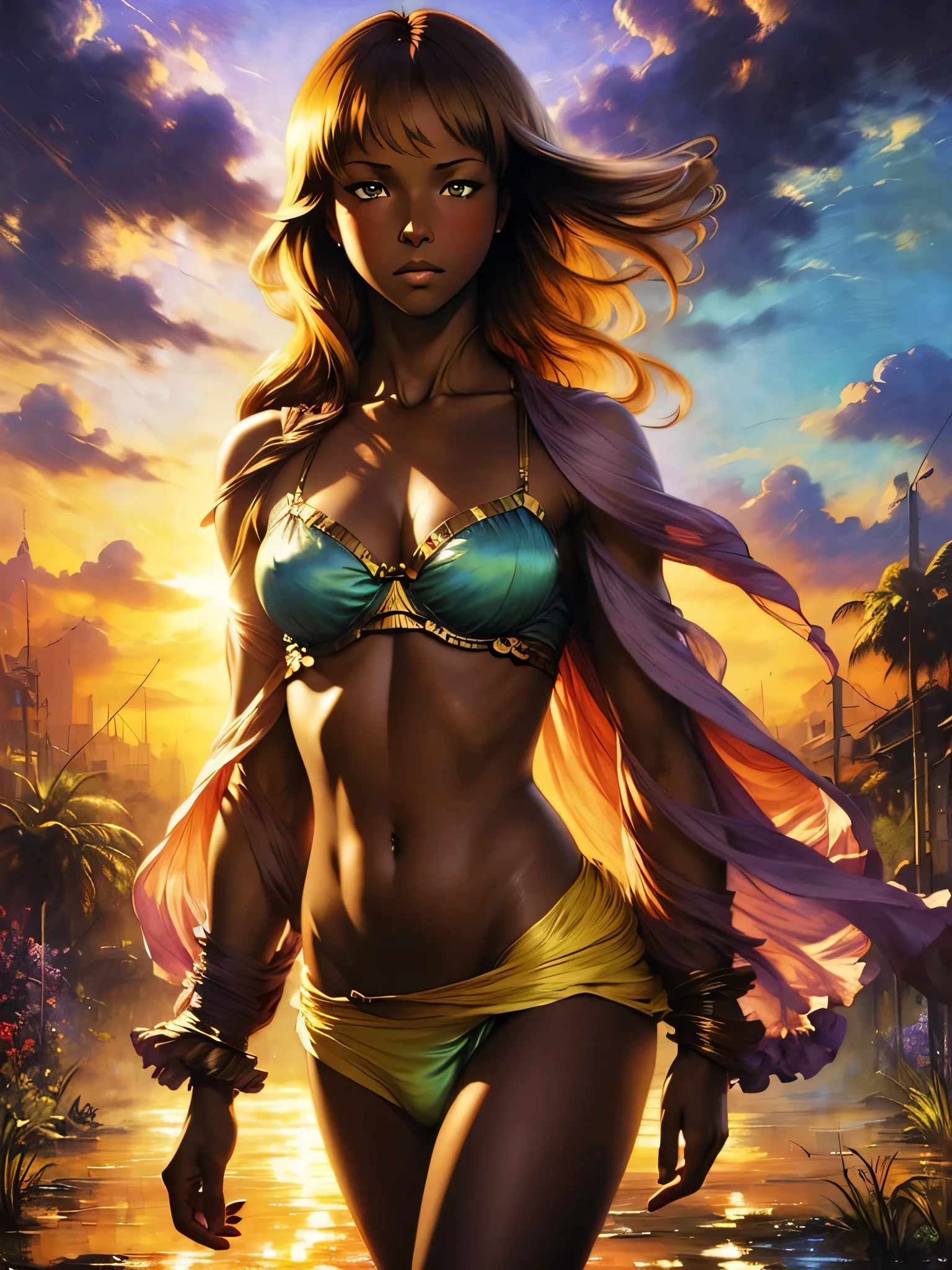 ((Solo half body Beautiful Carribean woman with dark skin and striking eyes)),  shadowed interior background, art by akihiko yoshida, manga art style, colorfield illustration, scary atmosphere, global illumination, by frank frazetta, art by goro fujita, glamor shot, banner, blur, anime key visual, (blue, yellow and gray colors), photorealistic dramatic anime girl, intricately detailed, chiaroscuro, pino daeni, impressionist (best quality, masterpiece)