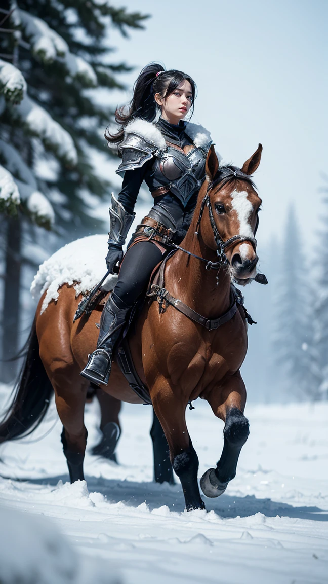 "Illustrate Centaur Warrunner (Bradwarden) from DOTA game in her Frost attire, with icy armor and frost-covered features, have massive k-cups, in a snowy, frozen tundra with snowflakes and icy formations."