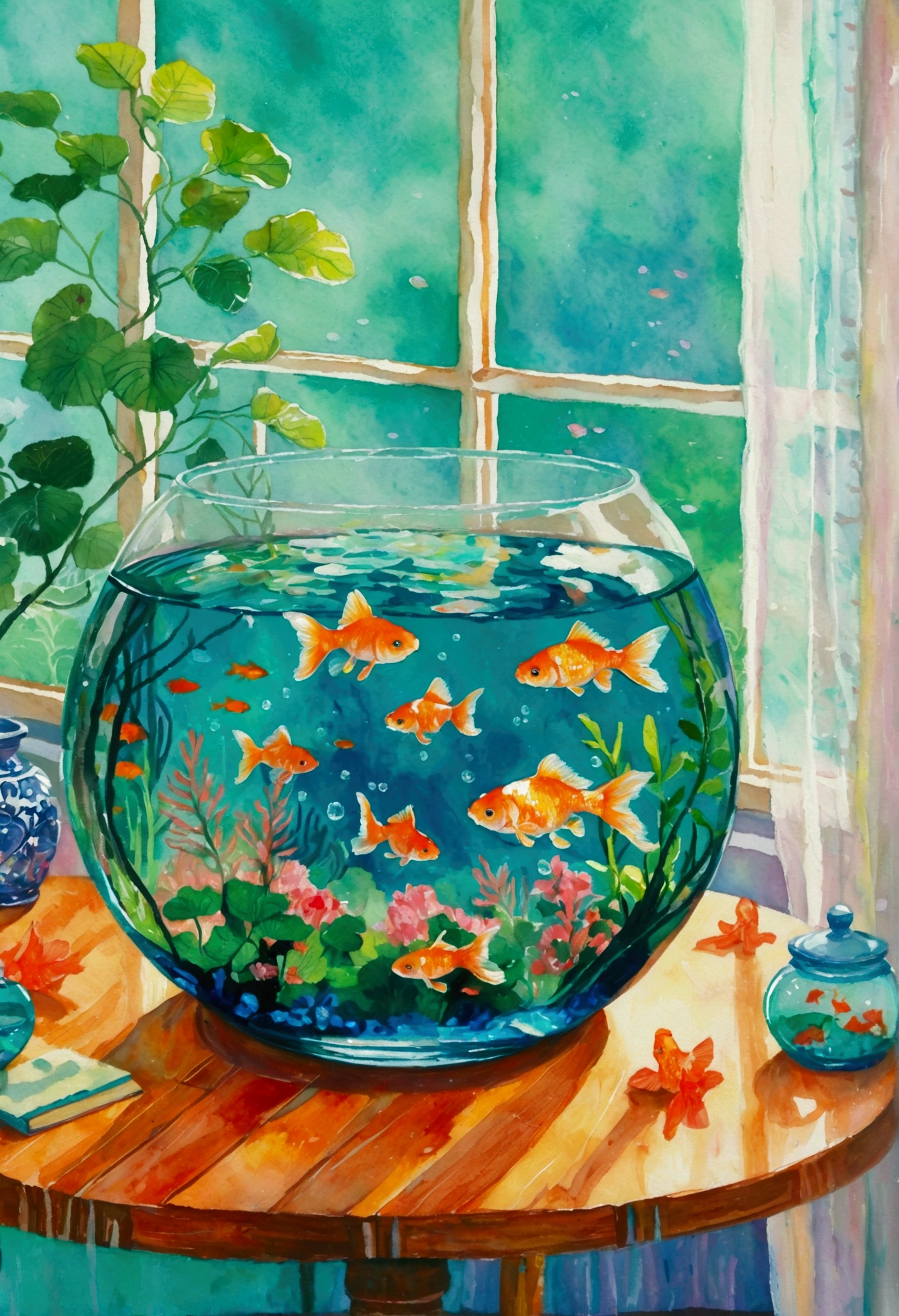 painting of a fish bowl with goldfish in it sitting on a table, Fish floating in bedroom, Fish swimming, Fish, Fish swim around, inspired author：Janet Fish (Janet Fish), floating goldfish, goldfish, Fish swim, you see Fish, see Fish swimming, Nadia Rusheva, author：Janet Fish (Janet Fish), school of Fish, author：Ju Lian, Detailed 4k, Fish Tank