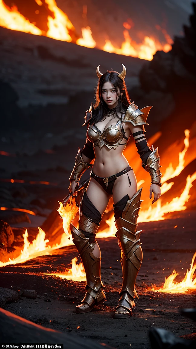 "Depict Centaur Warrunner (Bradwarden) from DOTA game in her Infernal form, with fiery, molten armor and blazing accents, have massive k-cups, standing in a volcanic landscape with flowing lava and fiery eruptions."

