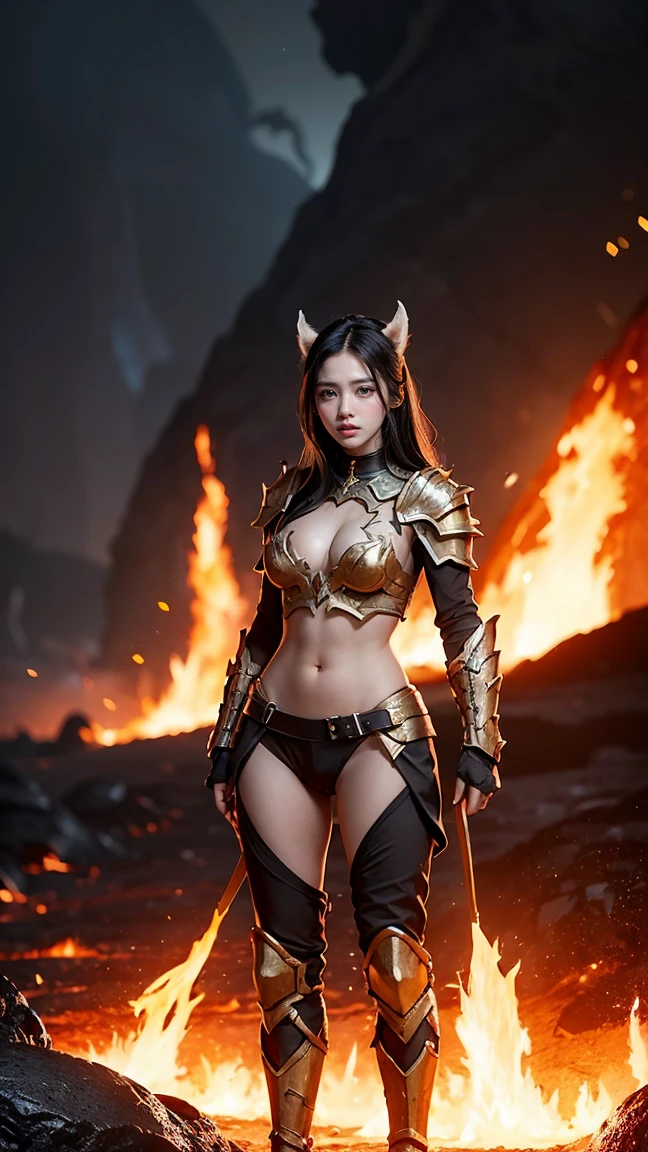 "Depict Centaur Warrunner (Bradwarden) from DOTA game in her Infernal form, with fiery, molten armor and blazing accents, have massive k-cups, standing in a volcanic landscape with flowing lava and fiery eruptions."