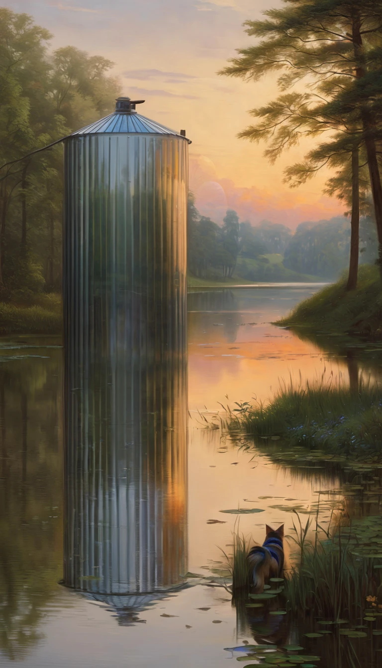 High quality illustrations by John William Waterhouse, Johannes Vermeer, wallpaper, summer, lake, dawn, forest, detailed forest, cloud, masterpiece, Cinematic, Soft Light, Depth of written boundary, Ray Tracing, Reflection on the surface of the water, realism, Super detailed, nymph, Fairy, Mysterious and romantic atmosphere, Lavish decoration, Intricate details, (Enclosed water tank,  water tank, Caustic Surfaces)(reflect, refraction, deflection:1.2)(Very exquisite beautiful face and eyes)Absurd, Perfect (Handsome 1boy, kemono, Focus Only)(Furry)(Furry anthro:1.7)(Hairy body, dog  features, dog body features)(Very fine body hair)Vulnerability, Mirror and water reflections, Realistic visual effects, Soft and subtle color palette, Dramatic composition,