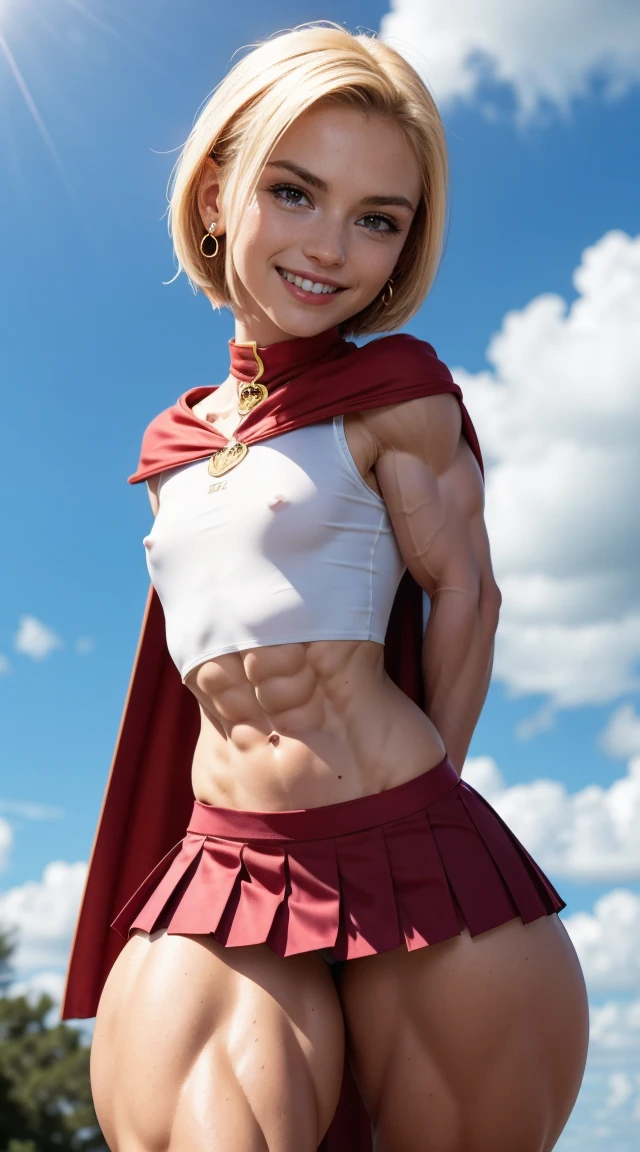 (Muscular:2), (thick thighs:1.9),
(blonde female:1.3), supergirl, (big smile:1.4), (android 18 haircut),
earrings, lipstick, eyeshadow,
(hard nipples:1.2),
(small red cape:1.3), (pleated skirt:1.6), (tanktop, midriff:1.2), choker,
(looking at viewer:1.6), (three quarter view), knees cropped, lowlegp,
(floating in midair, sky and clouds background:1.3), rim lighting, two tone lighting, dim lighting, bokeh, detailed skin, detailed eyes