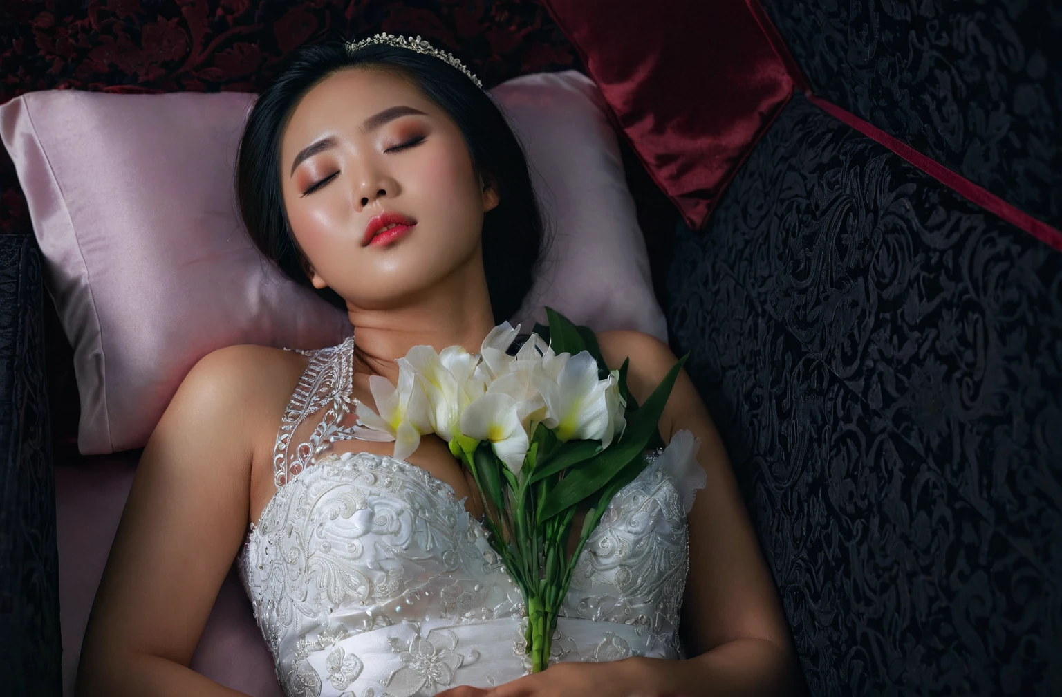 In a striking 8K HDR scene, a stunning Korean woman, 22 years old, lies peacefully in a black coffin surrounded by plush pillows. The deep box is set against a rich black background, accentuating the beauty of the subject. Her exquisite deep-V neckline kebaya attire is embroidered with superb detail, showcasing her round and firm breasts, perfect cleavage, and beautiful eyebrows. Her closed eyes and mouth give an air of serenity, while her visible and absolute cleavage leave nothing to imagination. The scene is bathed in saturated colors, highlighting every intricate aspect from the ball skirt to her clean face, straight body, detailed hand perfect hands, straight body, holding the flowers, straight legs, detailed fingers, detailed hand