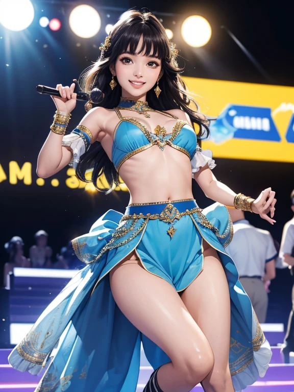 (Highest quality、 8k 、masterpiece、High resolution)、Full Body Shot、15 year old girl、Idol、Cute smile、Pretty lips、Adorable eyes、Dancing with a smile、Outdoor Stage、AKB48 Costumes、Realistic、Official Art、Detailed CG、Professional Lighting、Professional photographer、