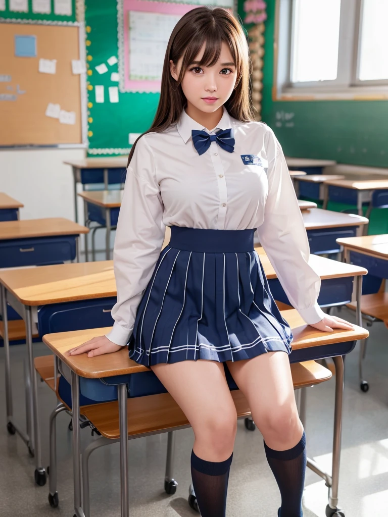 masterpiece,Highest quality,Very detailed,High resolution,(Realistic, photoRealistic:1.37),Excellent anatomy, One beautiful woman,20-year-old,Height: 152cm,high school girl,Crying a little,Gravure idol, high school girlの制服,blazer,(shape),Checkered Pleated Micro Mini Skirt,Navy blue knee-high socks,garter belt,huge,Disheveled uniform,((Very delicate and beautiful)),((High school classroom:1.2)),Brown Hair,Long Bob Hair,bangs,Very beautiful face,Cute type,Big Natural Color Lip,Small and cute nose,Big and pretty eyes,Brown eyes,Obvious double,Shiny highlight spots around the eyes,Character Focus,Tilt your head,The best light,Best Shadow,mysterious,Perfect Face,Very detailed, Soft Skin,(Glowing Skin, Sweaty: 1.3),Beautiful feet,Voluptuous thighs,Plump body,hugeな胸,(Expresses the roundness and softness of the chest area.........1), Beautiful body,(The perfect woman),Bold sexy pose,Gravure idolのポーズ