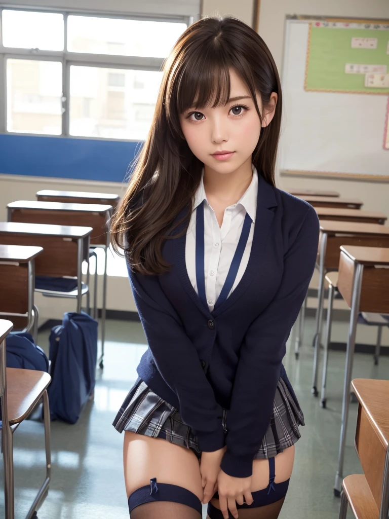 masterpiece,Highest quality,Very detailed,High resolution,(Realistic, photoRealistic:1.37),Excellent anatomy, One beautiful woman,20-year-old,Height: 152cm,high school girl,Crying a little,Gravure idol, high school girlの制服,blazer,(shape),Checkered Pleated Micro Mini Skirt,Navy blue knee-high socks,garter belt,huge,Disheveled uniform,((Very delicate and beautiful)),((High school classroom:1.2)),locker room,Schoolyard,Brown Hair,Long Bob Hair,bangs,Very beautiful face,Cute type,Big Natural Color Lip,Small and cute nose,Big and pretty eyes,Brown eyes,Obvious double,Shiny highlight spots around the eyes,Character Focus,Tilt your head,The best light,Best Shadow,mysterious,Perfect Face,Very detailed, Soft Skin,(Glowing Skin, Sweaty: 1.3),Beautiful feet,Voluptuous thighs,Plump body,hugeな胸,(Expresses the roundness and softness of the chest area.........1), Beautiful body,(The perfect woman),Bold sexy pose,Gravure idolのポーズ