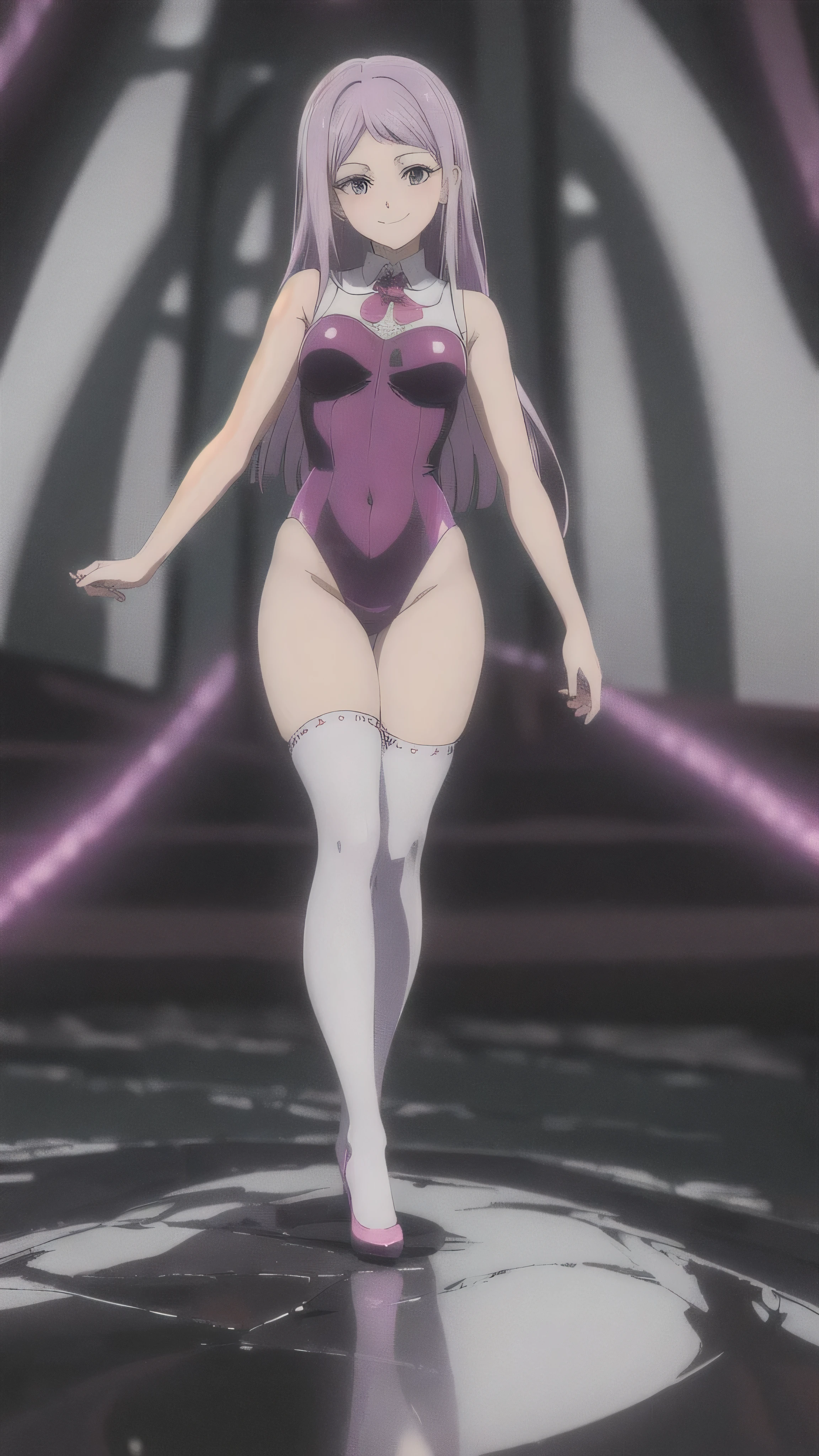 (masterpiece),(Highest quality),(Dark aura),Melascula,(anime),Hollow Eyes,length_hair,pink_hair,purple_hair,鈍い前hair,leotard,Knee socks,White bodysuit,White cloth,Medium chest,belly button,stomach,magic,(smile),Are standing,Looking_in_Audience,two hands,Two legs,five fingers,evil background,, Wicked Smile, devilish aura (Shiny fabric:1.5),Dark world background,solo,feet,mos evil Smirk,