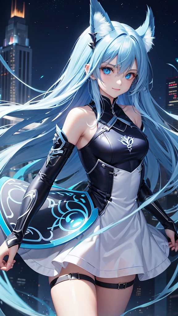 Aerial、Floating beautiful girl、Blue glowing eyes、Metal Punk Long Hair、Smirk、cute、17 years old、Floating higher than buildings