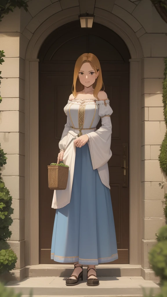 Adult woman, peasant dress, medieval fantasy, standing, looking straight ahead