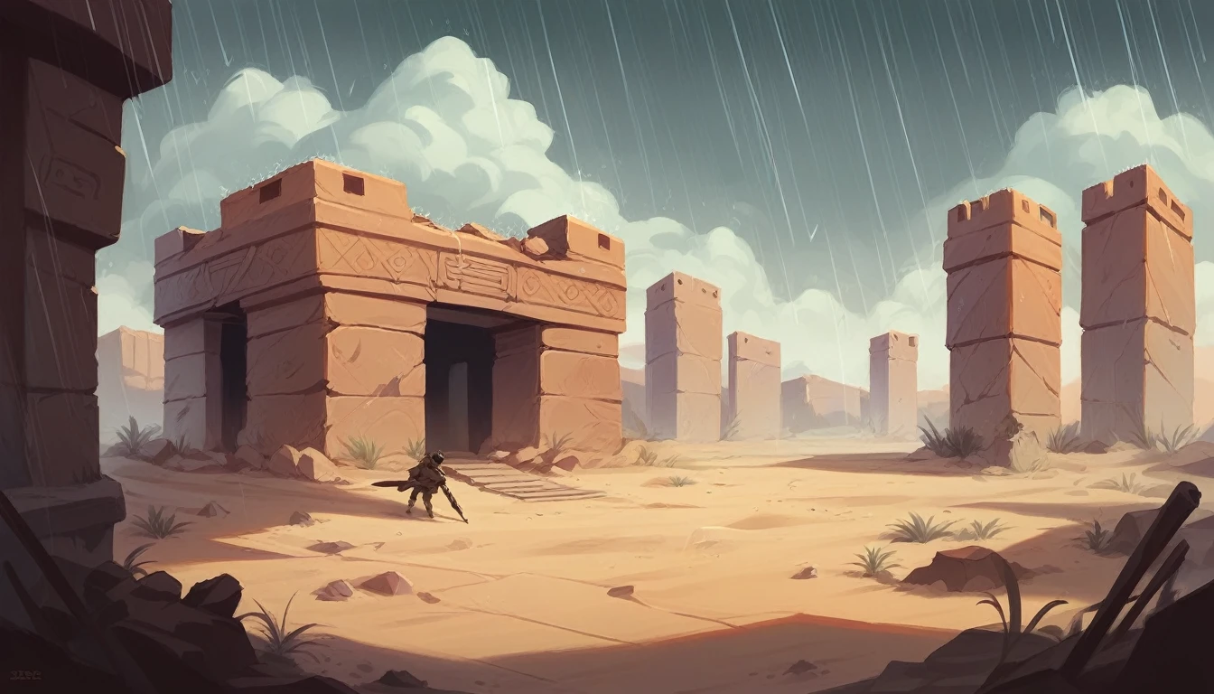 Highest quality,Hard SF,background,desert,rain,Many tanks buried in sand,Battlefield Ruins