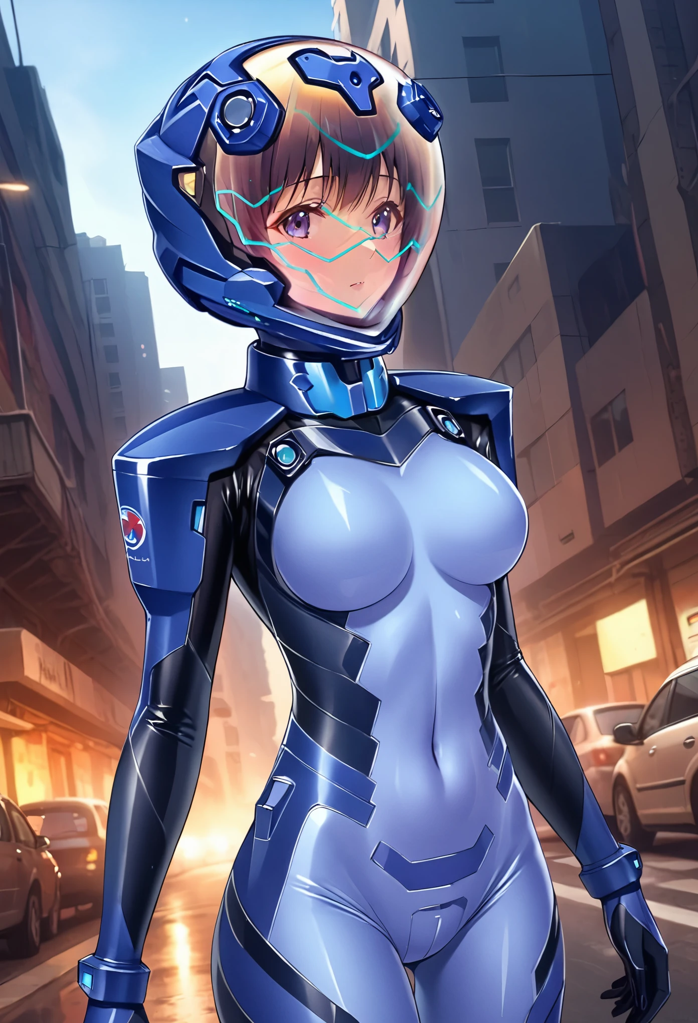 short hair, street, emo, BLACK hair, white eyes, eyeliner, apocalypse, (astronaut, girl, road, city, fortified suit, ((blue:1.5) plugsuit), short hair, outdoors, cinematic light, medium breasts, covered navel, space helmet, muvluv, space helm, eva helmet,[[[[