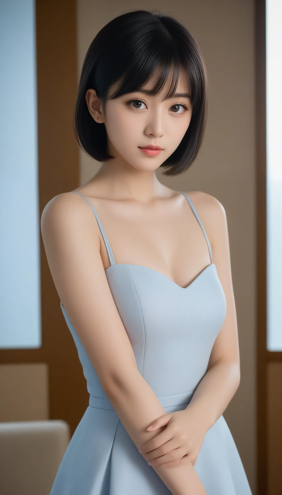 best quality, 1 Girl, dark blue hair, black eyes, Very short hair, Spiky hair, wears sweet white dress luxury,A cropped dress, 171 cm, Messy hair, Hair between the eyes, Tomboy, aldult, 20 years old, A sweet girl by the mountain
