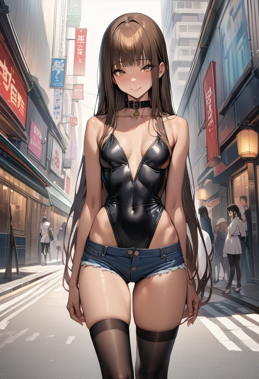 ((masterpiece,best quality anime,Highest quality:1.3)),realistic,cowboy shot,Mature Beauty,独奏,1woman,((very small head:1.3)),((very long body:1.2)),ideal ratio body proportions,tan skin,brown hair,bangs,straight long hair,gorgeous eyes,brown eyes,smile,black_thighhighs, Black sleeveless shirt with collar、Denim Microshorts,((slender body,skinny,toned body)),small breasts,gleaming skin,、on street,Shibuya Station、、