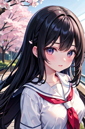 masterpiece, Highest quality, Very detailed, 8k, Pretty girl, high school student, A graceful cherry blossom tree, Petals flutter:1.2, Creates a momentary storm of petals in the air:1.2, Hair blowing in the wind, Put your hands in your hair, Black Hair, Ultra detailed face, school uniform、Large Breasts