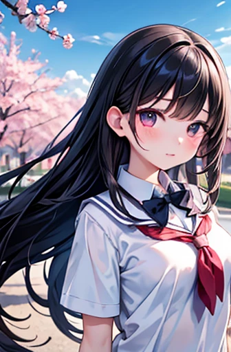 masterpiece, Highest quality, Very detailed, 8k, Pretty girl, high school student, A graceful cherry blossom tree, Petals flutter:1.2, Creates a momentary storm of petals in the air:1.2, Hair blowing in the wind, Put your hands in your hair, Black Hair, Ultra detailed face, school uniform、Large Breasts
