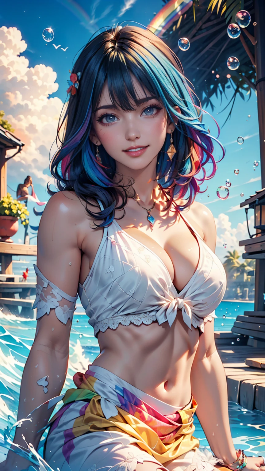 masterpiece, Highest quality, Highest quality, watercolor (Moderate), Official Art, beautifully、aesthetic: 1.2), (1 girl: 1.3), (Fractal Art: 1.3), morning, Good morning, smile, sunny day, Hilarious, Viewer, pattern, Wave, (Rainbow Hair, colorful Hair: 1.2), null, gas, cloud, colorful, Soap bubble