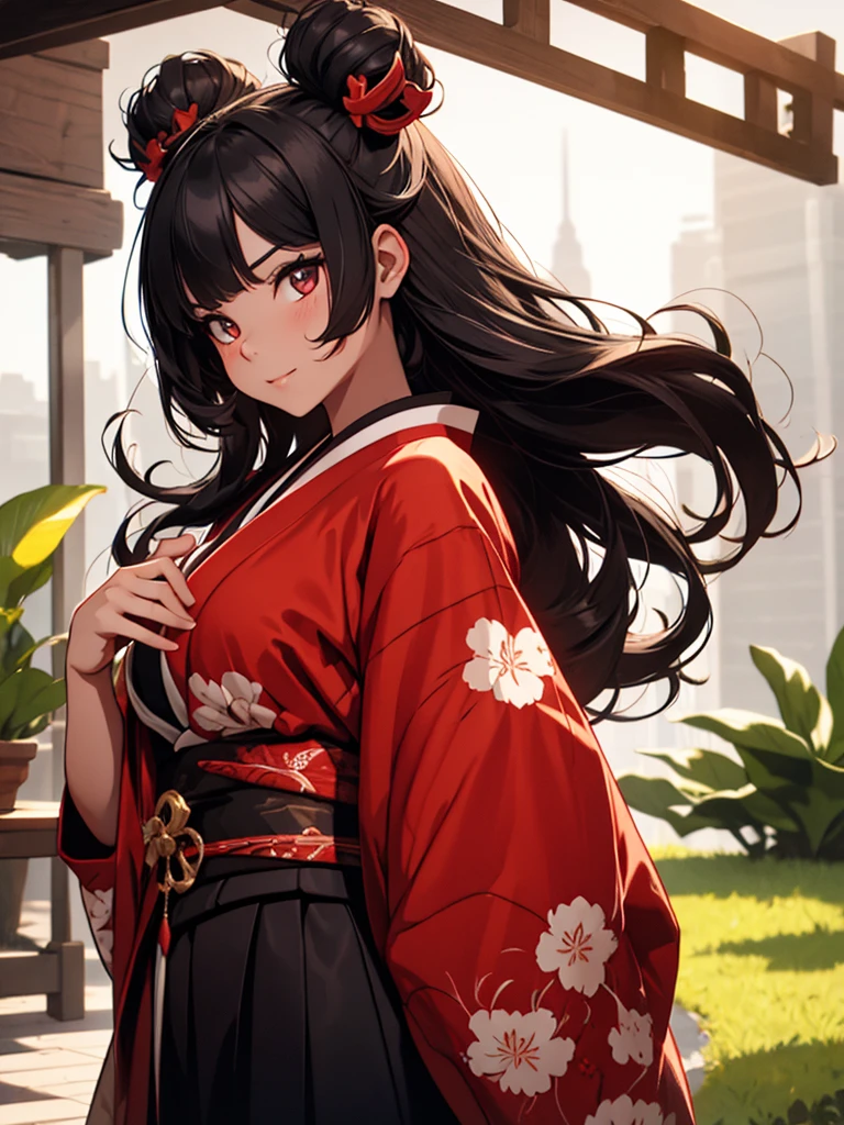 Girl with black hair and fair skin and long red horns wearing a kimono and holding a red plate