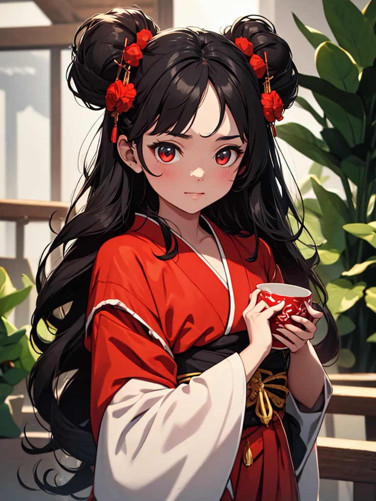 Girl with black hair and fair skin and long red horns wearing a kimono and holding a red plate