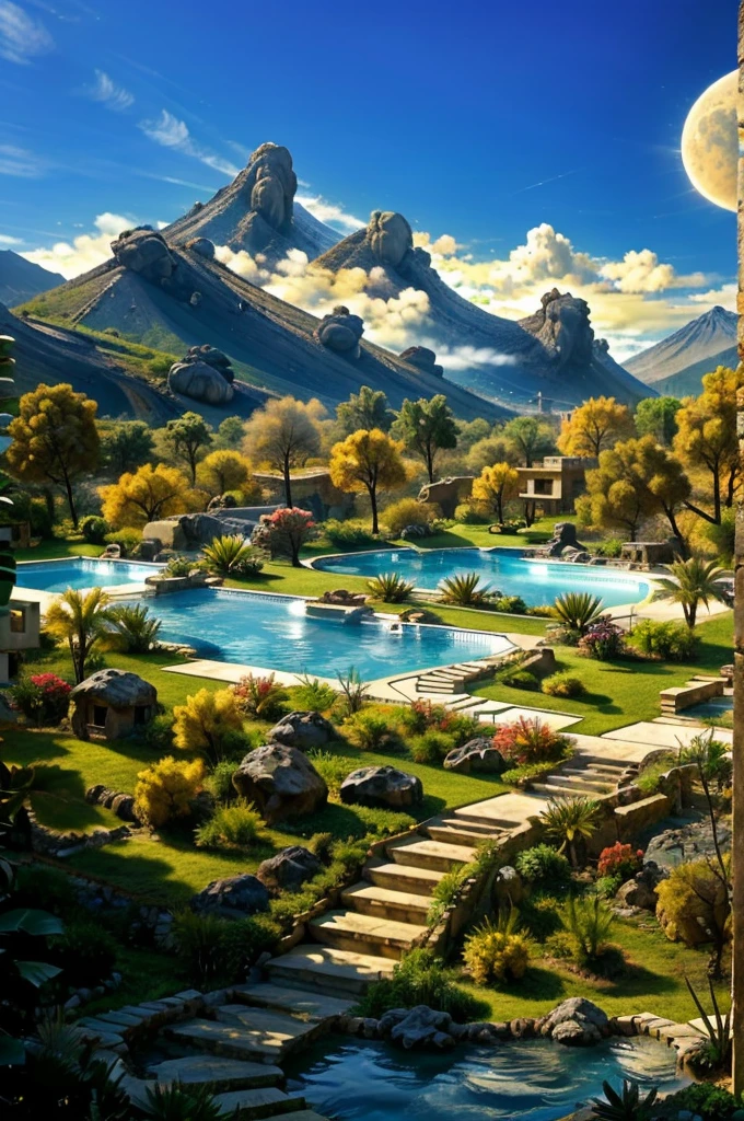 Multiple houses, brutalism style, Luis Barragán, Mountains in background, river, pool, terraces, stairs, garden terraces, trees, beautiful clouds, moon, sun, detailed, cacti, boulders, volcanic rocks, fuggy,