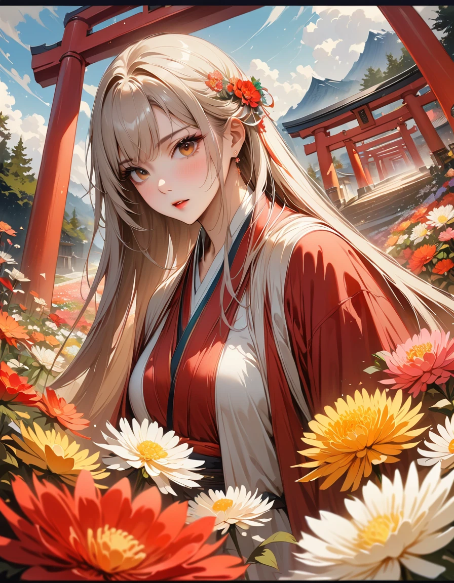 sea of flowers/Sea of flowers/sea of flowers.The wind blows field.spring field scenery.Close-up of many colored flowers including flowers such as: narcissus, lycoris, chrysanthemum, rose, The background is a large colorful Sea of flowers.light tone.light gold color、High resolution details、Bright and fresh colors.(best quality,4K,8k,high resolution,masterpiece:1.2),super detailed,There are clear roses in the foreground.Wide-angle lens, ultra high definition, anatomically correct, Super details, best quality, ((red colors)) torii gate on background