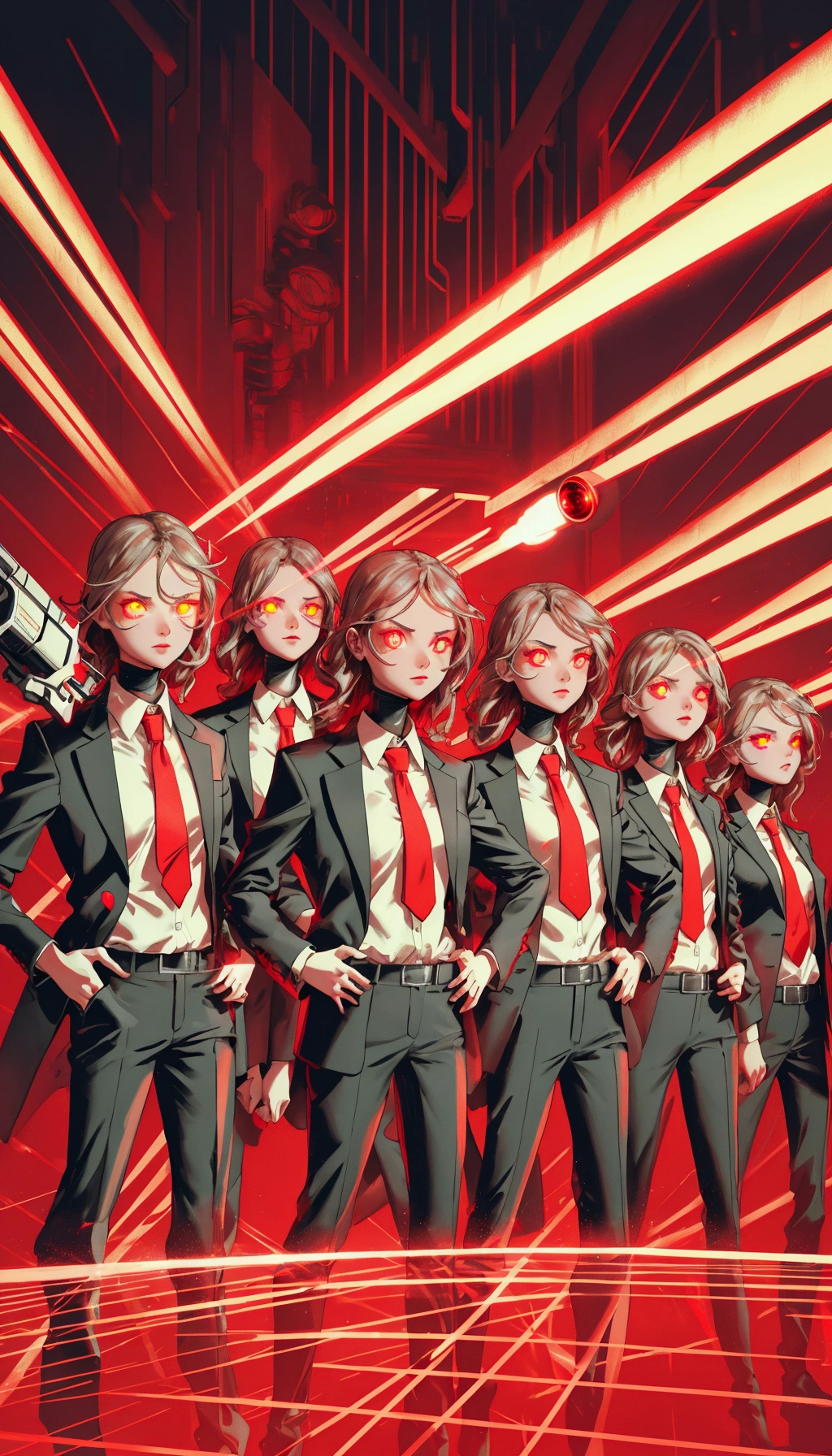 there are a lot of  beautiful girls  in suits and ties standing together, eyes are glowing red lightbulbs, lasers shooting out of eyes, red lasers, laser eyes, glowing red laser eyes, laser beam eyes, red lighting on their faces, lasers, glowing cyber - eyes, red laser, glowing laser beam eyes, glowing lasers, pulp scifi illustration