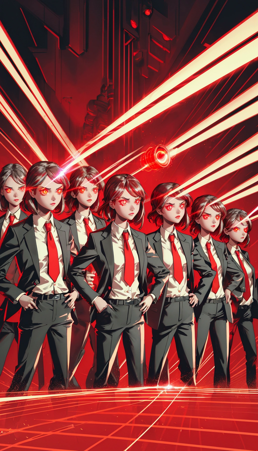 there are a lot of beautiful girls in suits and ties standing together, eyes are glowing red lightbulbs, lasers shooting out of eyes, red lasers, laser eyes, glowing red laser eyes, laser beam eyes, red lighting on their faces, lasers, glowing cyber - eyes, red laser, glowing laser beam eyes, glowing lasers, pulp scifi illustration