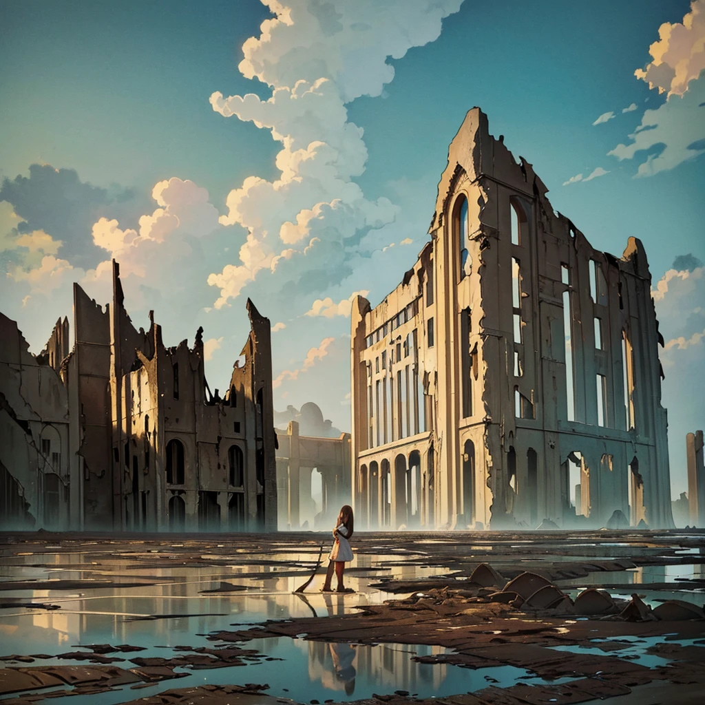 Best illustrations、Best Quality、(No humans、Background only)、((((Sea of mud、Brown Sea、Broken ruins))))、From below、flood