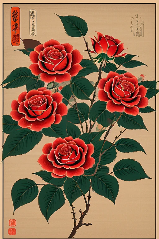 Japanese-style painting, Ukiyo-e style, art, super high quality, Buds, flowering、Single red rose、