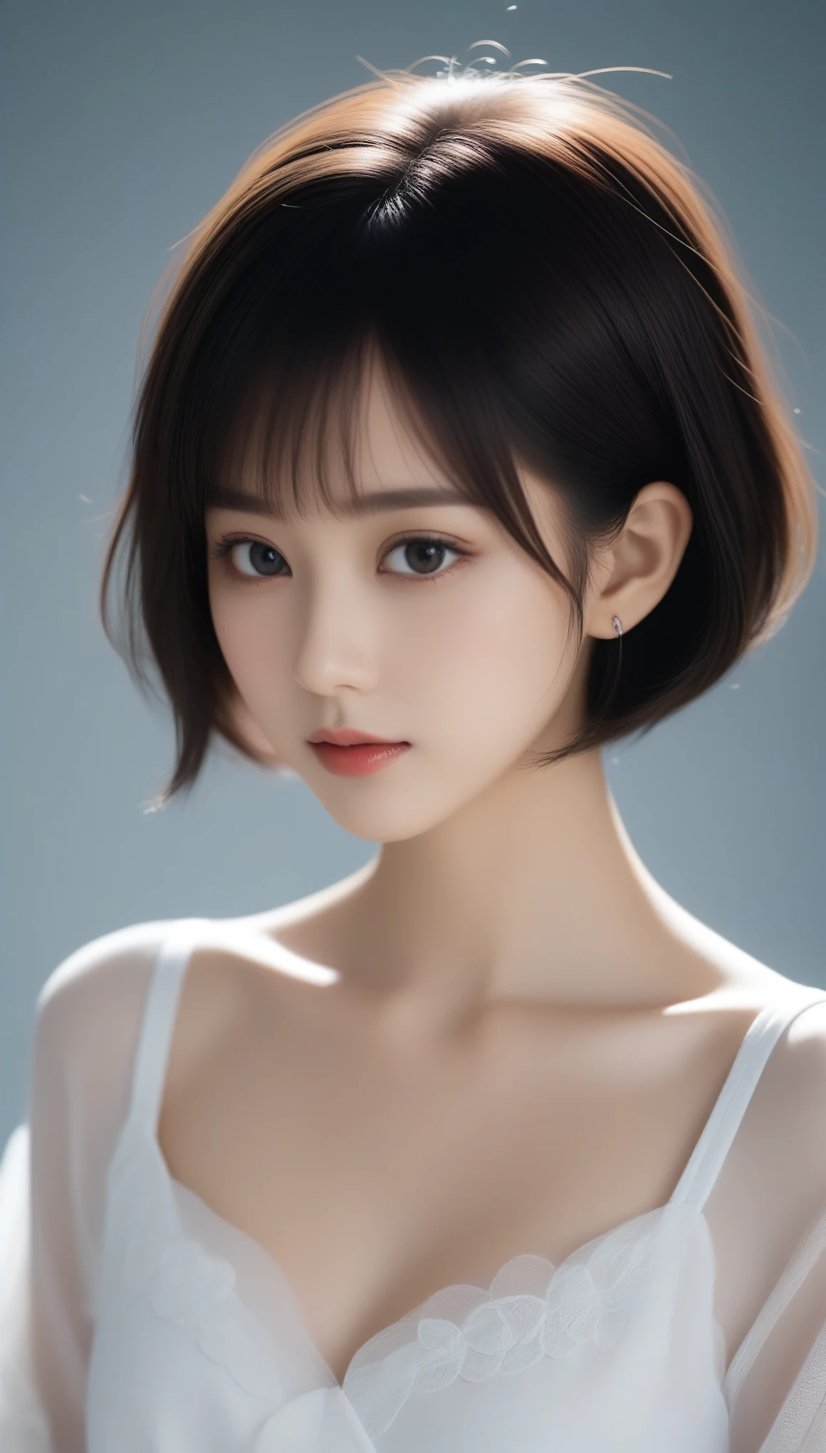 8k, Ultra-high resolution, Highest quality, masterpiece, 三分割法によるphotograph,Surreal, photograph, 1 Girl, (16 years old:1.3), pretty girl, Cute Face, Beautiful eyes in every detail, 細かくdetailedに,masterpiece,One Girl:1.2,Japanese female announcer,upper body,Serious expression,Black short hair,Bob with bangs,Neat dress,Pencil Skirt, Look forward, Standing posture, Opposition, Dynamic Lighting,Hotel room、 Sharp contours, Light from above, Low contrast, (Side view),Perfect and beautiful face ,完璧でCute Face, Skin with attention to detail, Perfect limbs、Narrow waist,Looking at the audience,(((Ideal body type))),A cup small breasts :2,Portraiture:2,Perfect Anatomy,鮮明なdetailed,detailed,Surreal,Light and shadow,stage lights