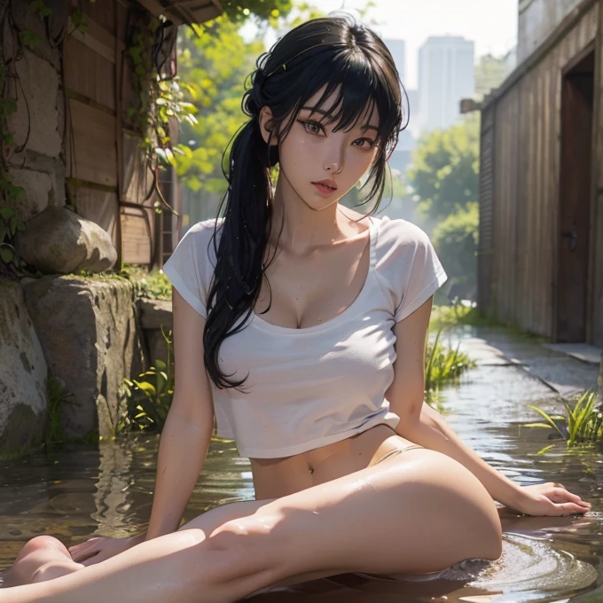 (Yoru), (Highest quality, 8k, masterpiece :1.3), (Realistic, photoRealistic: 1.37), (One girl), (slim), (Japanese), (Random Pause), (Wet body), (Long Hair, Random Hairstyles), (Outdoor), (Highly detailed face), (Detailed eyes), (double eyelid), (Eyeshadow Intensity), (Lots of eyelashes), (Professional Lighting), (Photon Mapping), (Radio City), (Look directly at the viewer), (Full Body Lesbian), (Legs open), (Cropped T-shirt and), (slimな体型), (slimガールモデル), (25 year old female model), (Huge cleavage) (Very good, No top, Bare Chest),