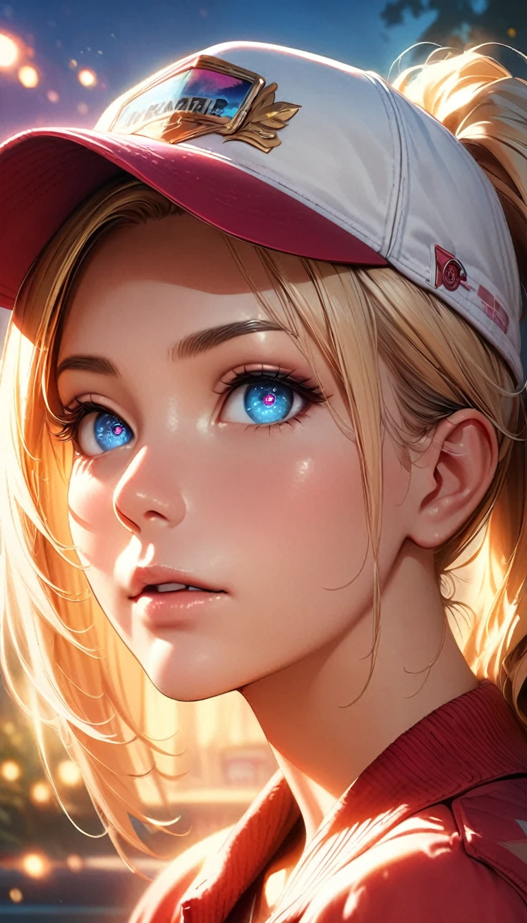 One girl, Terry Bogard Girl, Blonde, ponytail, blue eyes, Baseball cap, Eyes focus, Beautiful park background (8k), (Highest quality), (masterpiece:1.2), (Realistic), (Very detailed), (Detailed eyes:1.2), (Detailed face:1.2), (realism:1.2), (super high quality), (Complex), (85mm), Particles of light, Lighting, (Very detailed:1.2), (Gradation), Colorful, software, Dawn, alone