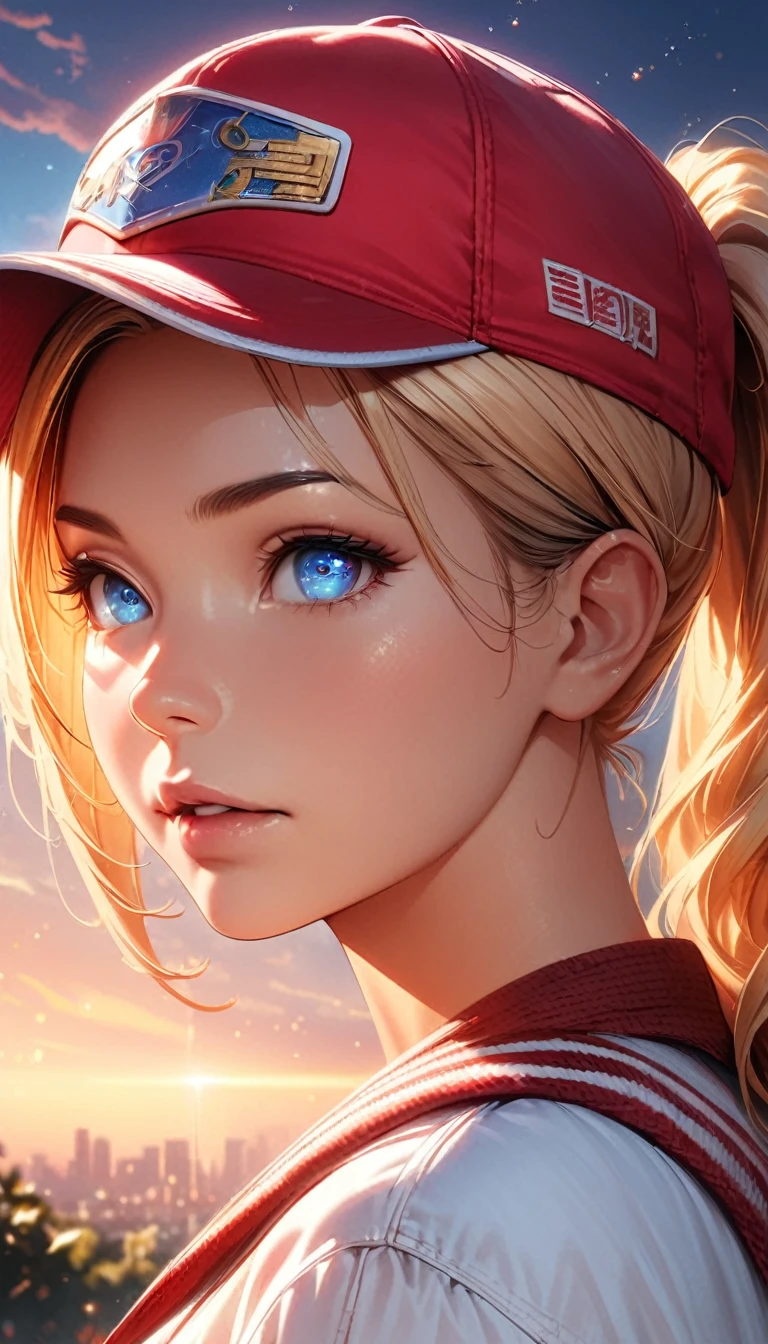 One girl, Terry Bogard Girl, Blonde, ponytail, blue eyes, Baseball cap, Eyes focus, Beautiful park background (8k), (Highest quality), (masterpiece:1.2), (Realistic), (Very detailed), (Detailed eyes:1.2), (Detailed face:1.2), (realism:1.2), (super high quality), (Complex), (85mm), Particles of light, Lighting, (Very detailed:1.2), (Gradation), Colorful, software, Dawn, alone