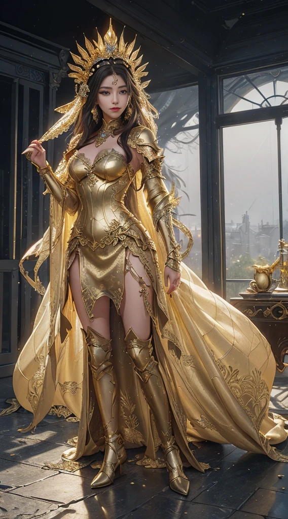 Woman in a golden dress, True Art Station, Rainstorm site, detailed fantasy art, Stunning character art, Beautiful and exquisite character art, Beautiful golden armor, Extremely detailed, Girl in shiny armor, Exquisite headdresses and jewelry, Full body capture,