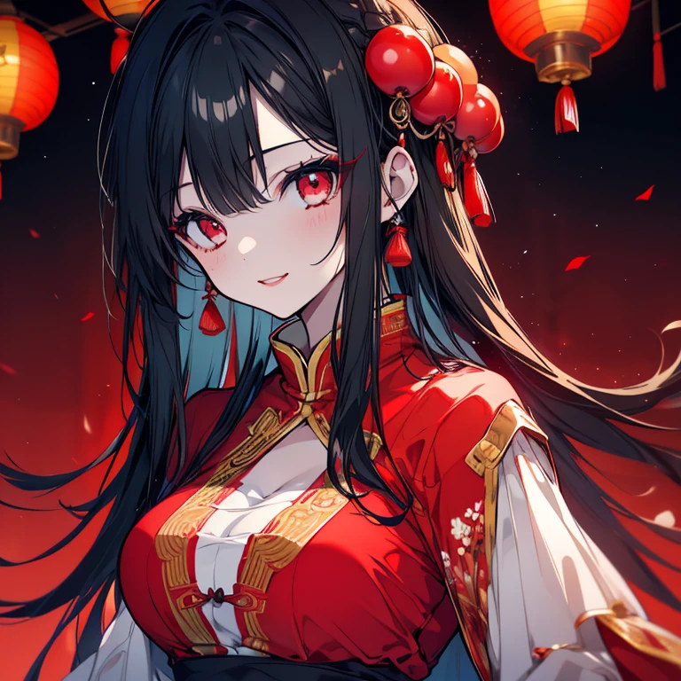 1 girl、Mature、Ample breasts、Long Hair、Trimmed hair、Shiny black hair、Red nails、Red Lip、Red Eyes、A seductive smile、China dress、husk tomato、husk tomatoのピアス、dusk、Chinatown、The lantern shines、Nostalgic、High resolution、Highest quality
