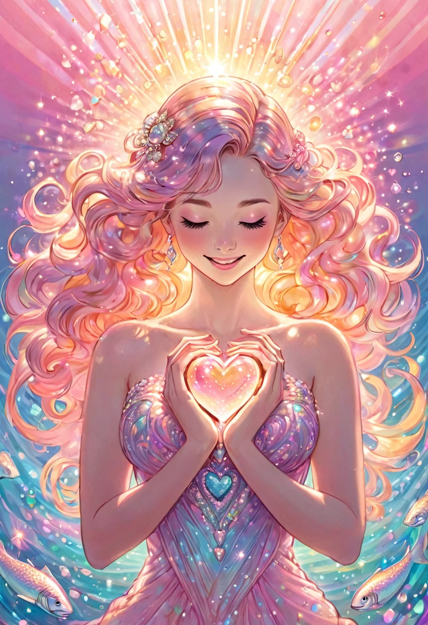 In the center depicts a woman holding a large salmon pink heart in her chest. She is smiling with her eyes closed and holding a heart. tear crystals. The brilliance of pearls. A rainbow of pastel colors will envelop your heart. This heart emits light and creates a light effect around it. ripples of light. The radiance spreads, and the background is a gradation of pale pink and pale orange, creating the feeling of soft light spreading. Try to express kindness and reassurance throughout. Add shine with light radiation and fine particles. We created a bright and warm design that will warm the hearts of those who see it. Add elegance with a spiritual touch