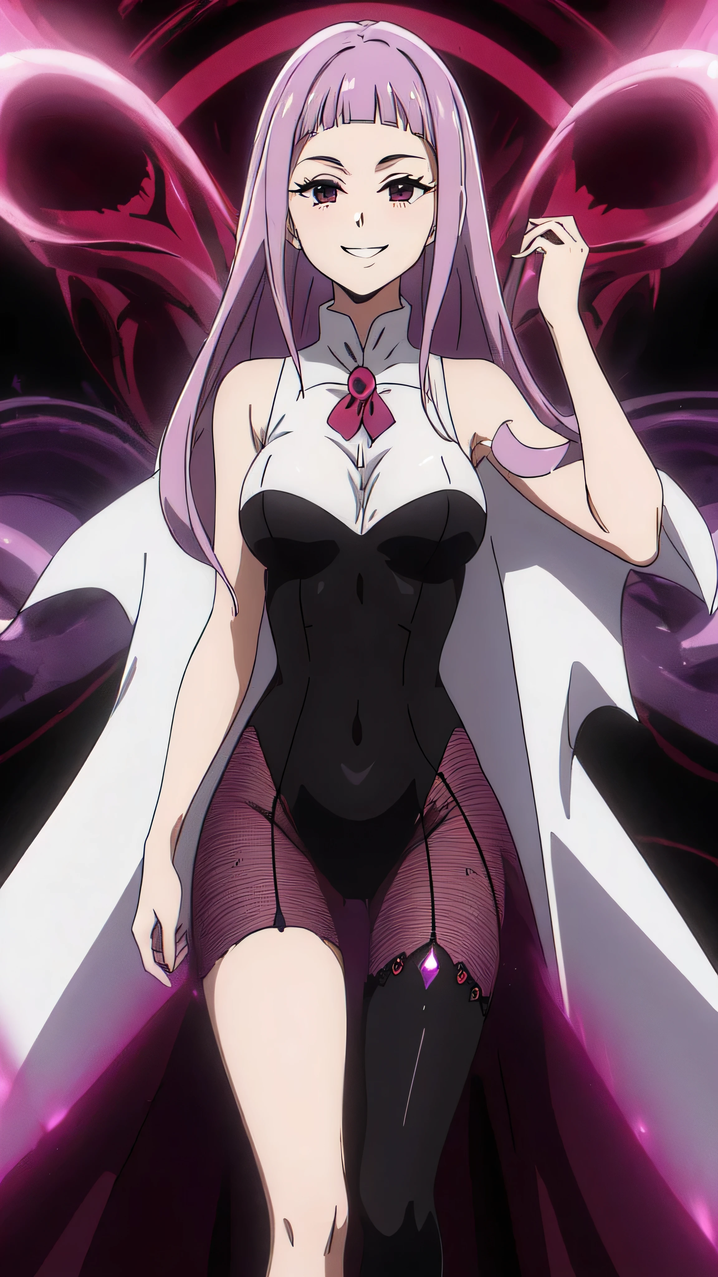 (masterpiece),(Highest quality),(Dark aura),Melascula,(anime),Hollow Eyes,length_hair,pink_hair,purple_hair,鈍い前hair,leotard,Knee socks,White bodysuit,White cloth,Medium chest,belly button,stomach,magic,(smile),Are standing,Looking_in_Audience,two hands,Two legs,five fingers,evil background,, Wicked Smile, devilish aura (Shiny fabric:1.5),Dark world background,solo,feet,mos evil Smirk,