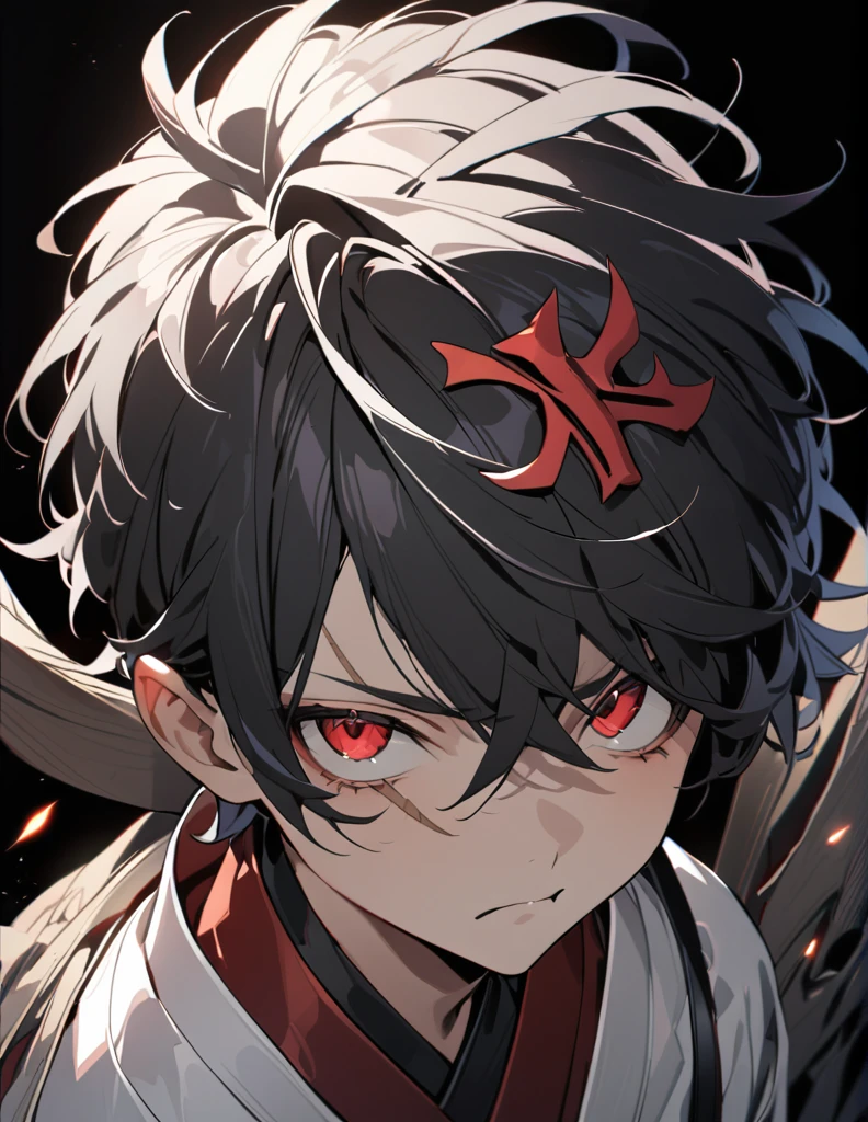 ((BLACK BACKGROUND:1.5)), masterpiece, best quality, ultra detailed, exquisite, beautiful, highres, abyss, ((1 boy)), shota, oni, Angry, looking at viewer, men's short hair, hair covering eyes, black hair, red eyes, japanese clothes, with a scar, with horns, 13-year-old, outside, upper body, ((headshot))