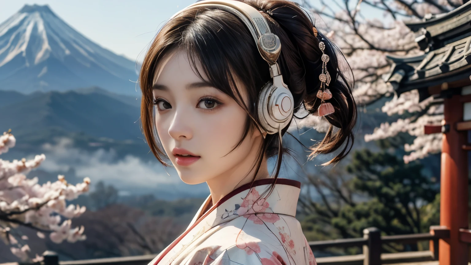 (background: The mountains are full of cherry blossom mountains and fog), ((Ukiyo-e)), japanese art, or period, tokyo art, lily, Natural landscape.(masseter membrane, top quality, Ukiyo-e style, mystery, Exquisite and beautiful, official art, Sharaku:1.2), (1 japanese girl in:1.3), (Fractal art:1.3), cowboy shooting, White skin, (beautiful brunette, kimono:1.2), background, rich and colorful, (reel, Belongs to Japanese style:1.2), (Japanese style headphones),