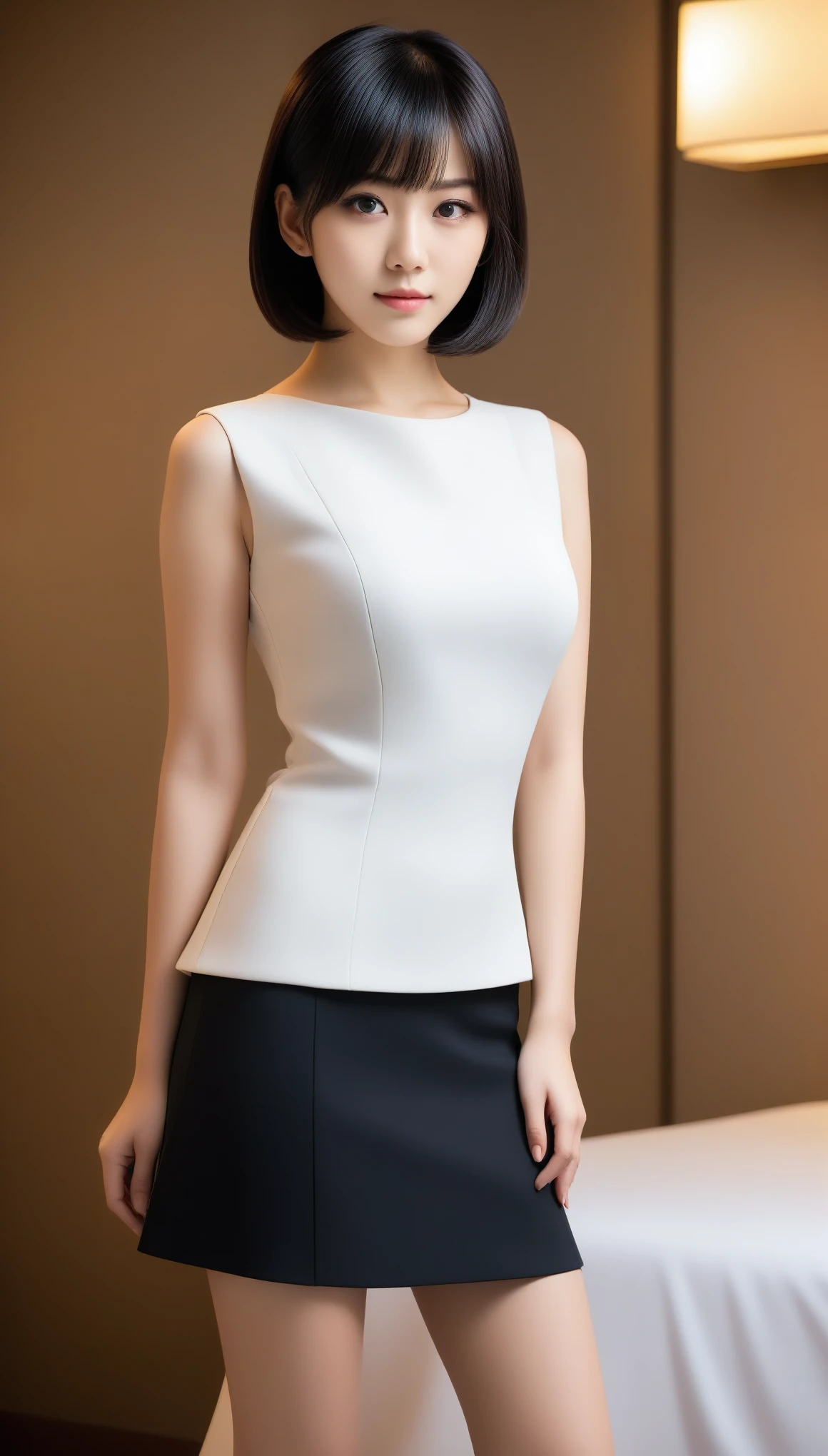 8k, Ultra-high resolution, Highest quality, masterpiece, 三分割法によるphotograph,Surreal, photograph, 1 Girl, (:1.3), pretty girl, Cute Face, Beautiful eyes in every detail, 細かくdetailedに,masterpiece,One Girl:1.2,Japanese female announcer,upper body,Serious expression,Black short hair,Bob with bangs,Neat dress,Pencil Skirt, Look forward, Standing posture, Opposition, Dynamic Lighting,Hotel room、 Sharp contours, Light from above, Low contrast, (Side view),Perfect and beautiful face ,完璧でCute Face, Skin with attention to detail, Perfect limbs、Narrow waist,Looking at the audience,(((Ideal body type))),A cup small breasts :2,Portraiture:2,Perfect Anatomy,鮮明なdetailed,detailed,Surreal,Light and shadow,stage lights
