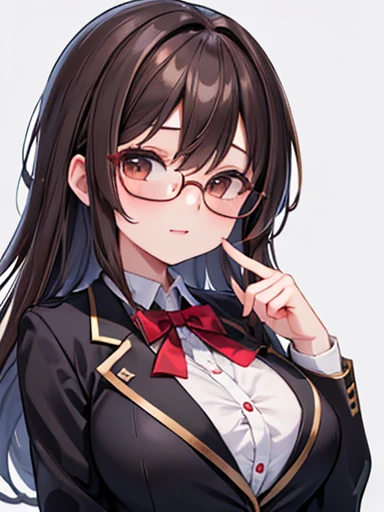 1 female、Brown haired、Brown eyes、Black-rimmed glasses、Fascinating 、Gorgeous face、Perfect body。Highest quality、Ultra-detailed、8k resolution、RAW Photos、Tabletop。Blazer Uniform。Laughter。Large Breasts