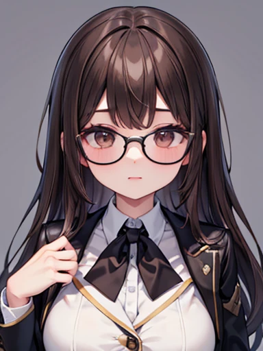 1 female、Brown haired、Brown eyes、Black-rimmed glasses、Fascinating 、Gorgeous face、Perfect body。Highest quality、Ultra-detailed、8k resolution、RAW Photos、Tabletop。Blazer Uniform。Laughter。Large Breasts