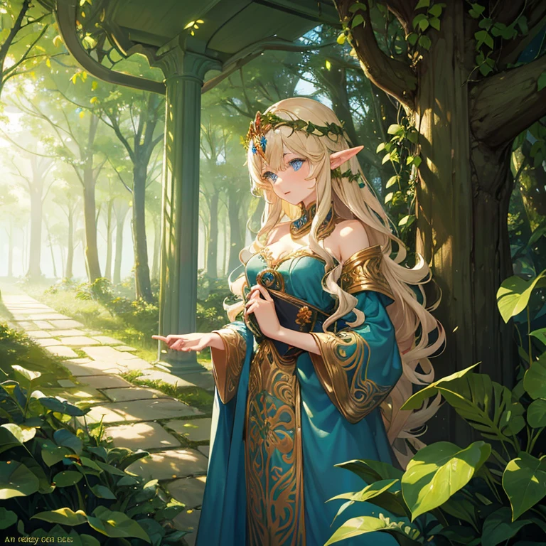 A naked elf mage with curly golden hair stands in a leafy forest covered only in an ornate hooded cloak over her head that flutters around her.. He has blue eyes with a concentrated and penetrating look., but at the same time sweet. the forest has vibrant and varied colors.