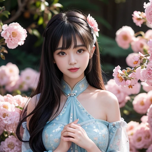 best quality, Delicate face，beautiful visual work, lifelike, eternity, black hair, Long curly hair, blunt bangs, Smile, 在flower园里, flower, Detailed Background, Delicate face，pink blush，cold，((masterpiece))、(top quality)、8k、high detail、Super detailed，21 years old female，Wearing Chinese cheongsam、Seductive and whimsical style、masterpiece、born、Scenes resembling fairy tale illustrations、intricate details和複雜的設計、Beautifully、magic、capricious、 Beautifully、Dream aesthetics、「𝓡𝓸𝓶𝓪𝓷𝓽𝓲𝓬、ethereal、charming、fickle、magic」、realism、Visual effects、FXAA、SSAO、Shader、voiceless、ambient lighting、Tone mapping、High resolution、Ultra high quality、Million pixels、(8K resolution:1.10)、8k、8k以下、8K resolution、high detail、intricate details， (high quality:1.2、masterpiece:1.2、:1.21)、(21 years old female:1.21)、(興奮地Smile)、(Surrounded by a dreamy atmosphere、Model diagram，full-body shot，Normal 2 feet，Don't show your fingers，Japanese folding fan held open in front of chest