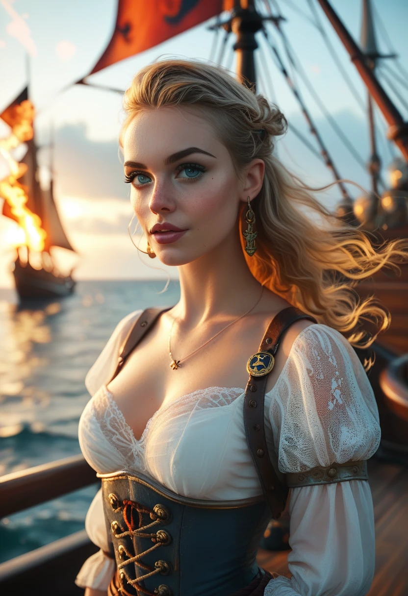 score_9, score_8_superior, score_7_superior, Female pirate captain、Pirate Ship Battles、Burning ship、cadaver、Medieval European Fantasy、glowneon