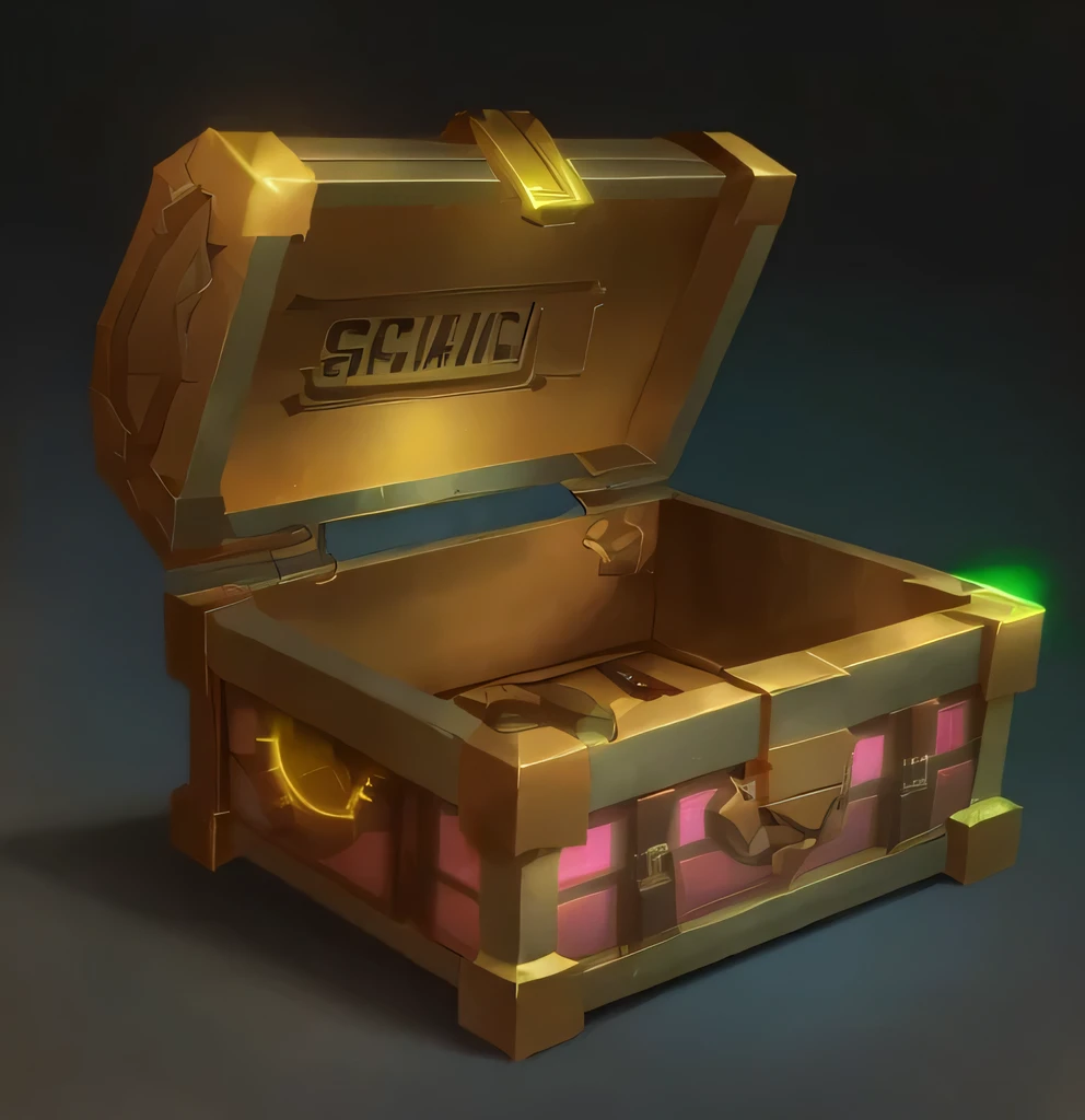 Sci fi chest, treasure chest, saturated, gold color, neon lights, no background, stylized, best quality