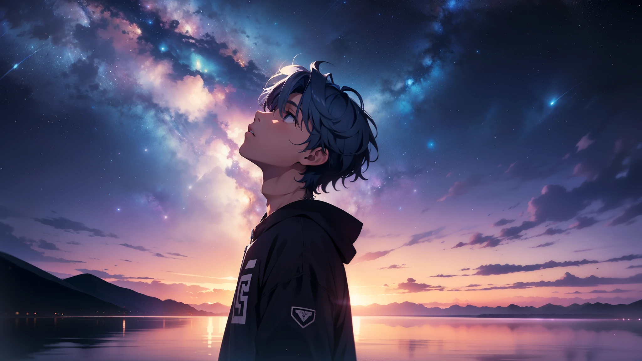A boy looking up at the night sky, The large Milky Way galaxy shines purplish blue above the horizon.. Center part hairstyles、Shots from a distance. Cinematic. Wide-angle. 4K.