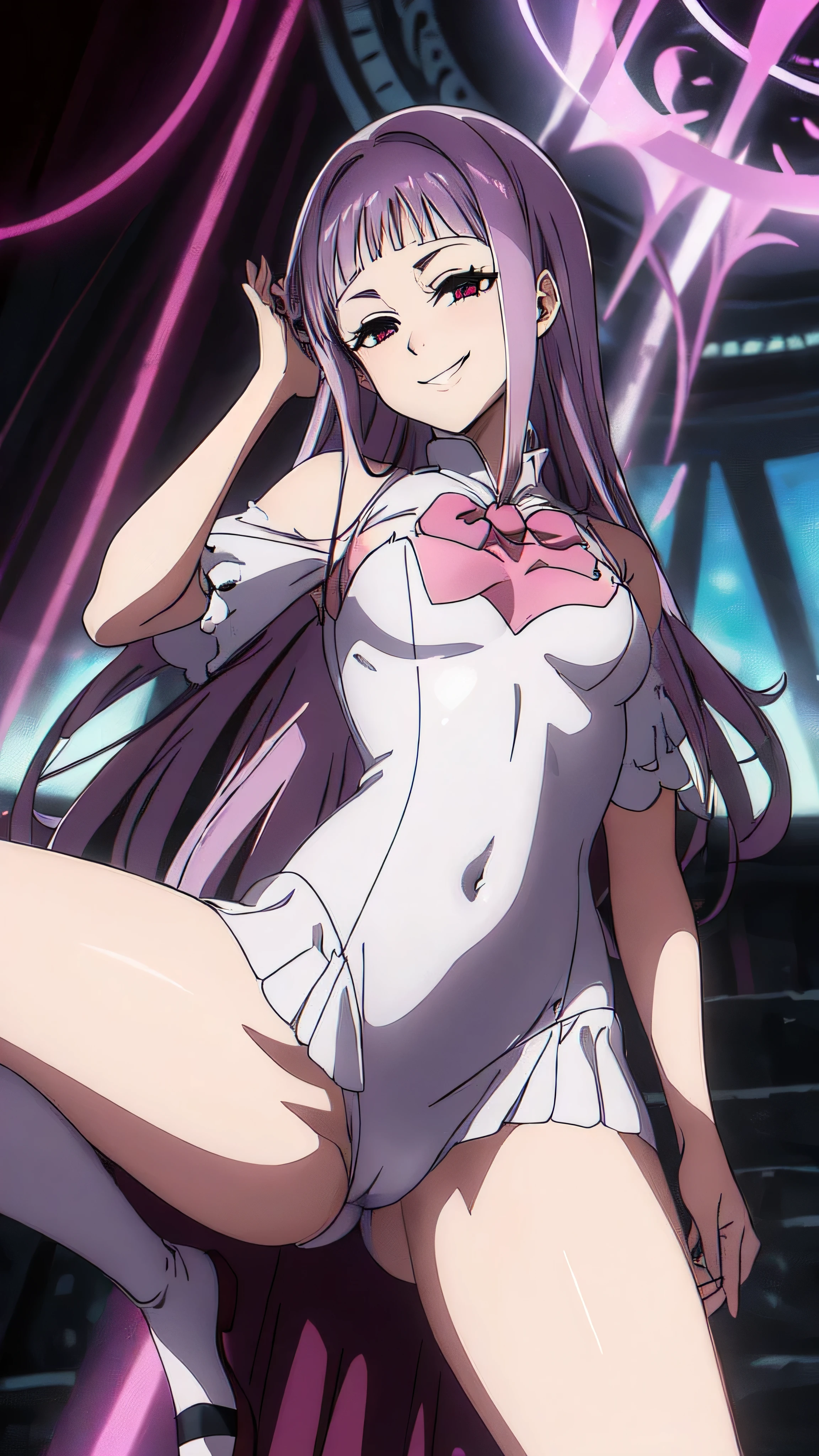 (masterpiece),(Highest quality),(Dark aura),Melascula,(anime),Hollow Eyes,length_hair,pink_hair,purple_hair,鈍い前hair,leotard,Knee socks,White bodysuit,White cloth,Medium chest,belly button,stomach,magic,,Are standing,Looking_in_Audience,two hands,Two legs,five fingers,evil background,, Wicked Smile, devilish aura (Shiny fabric:1.5),Dark world background,solo,feet,most evil Smirk,